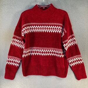 Christian Siriano Sweater Women's‎ Large Red White Velor Knit Long Sleeve